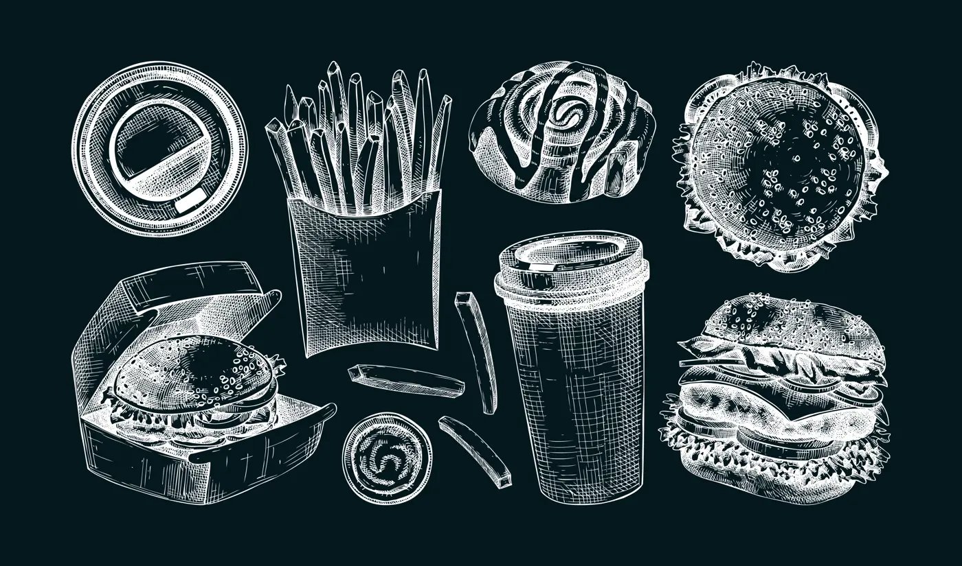 Fast food hand drawn vector illustrations. Burger, coffee cup, French fries sketches. Takeaway food or restaurant delivery service vintage style design elements on chalkboard Illustration